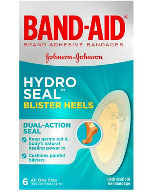 A package of Band-Aid Hydro Seal Blister Heels band-aids. It reads, 