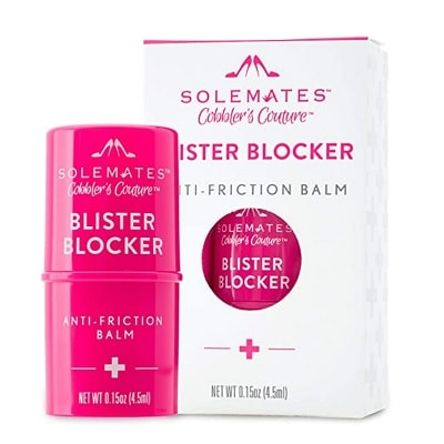A white box of Solemates Blister Blocker and a pink tube of the blister blocker (0.15 oz.)