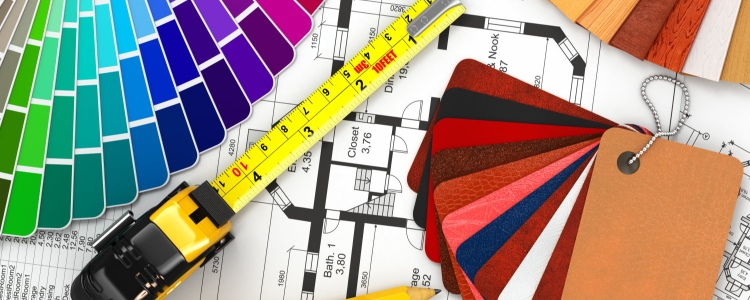 interior design service tools like paint swatches, measuring tape, and leather swatches