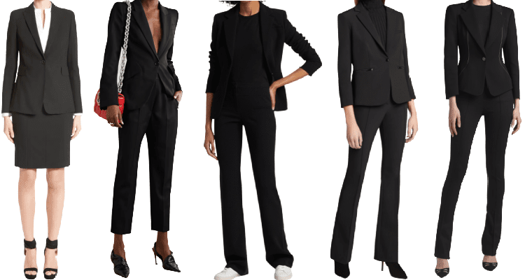 collage of 5 women wearing black suits from designers; see caption for more info.