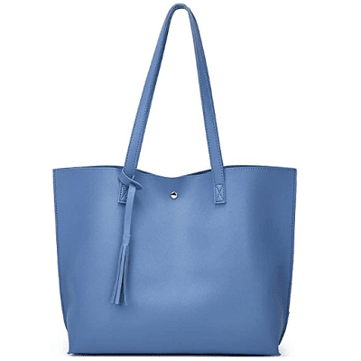 light blue faux leather tote bag with tassel  detail