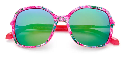 green ombre sunglasses surrounded by a hot pink floral frame 