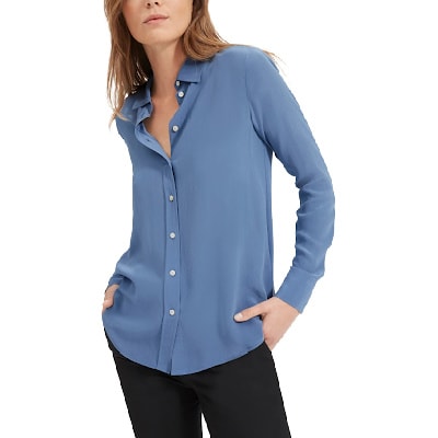 blue silk button-front blouse