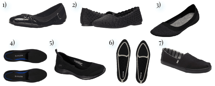 collage of 7 black sneaker flats that blend with your work clothes so you can be comfortable on your commute (the shoes themselves are pretty ugly, NGL)
