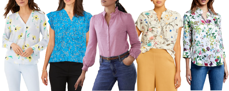 collage of 5 women wearing colorful, printed blouses; see caption for more details