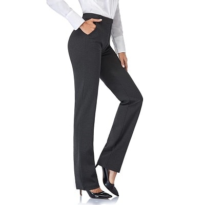 woman wears stretchy straight leg pants; the hem is maybe ok