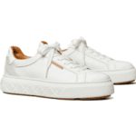 white work sneaker with beige details and sturdy construction