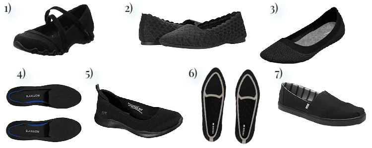 collage of 7 black sneaker flats that blend with your work clothes so you can be comfortable on your commute (the shoes themselves are pretty ugly, NGL)