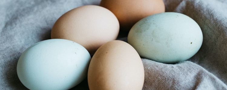 five eggs of different colors on a beige towel or napkin