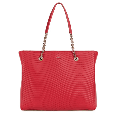bright red leather tote with chain strap details and wavy leather details on the front