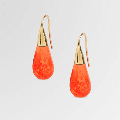 polished brass conical earring topper attaches to dew-drop shaped bit of swirly resin