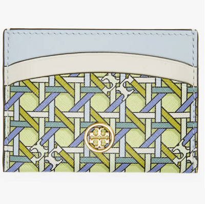 Tory Burch card case with a white, lime green, teal green, purple and light blue lattice design.