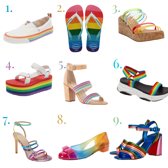 collage of 9 rainbow-hued sandals
