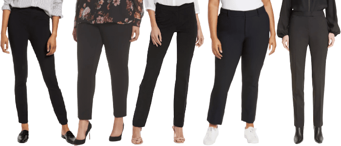collage of 5 pairs of the readers' favorite pants, all for sale in regular and plus sizes in the 2022 NAS