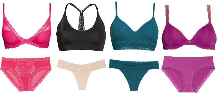 collage of Nordstrom's best-selling lingerie (and reader favorites) - bras on top row, panties on bottom row; see text links below picture for more details. 