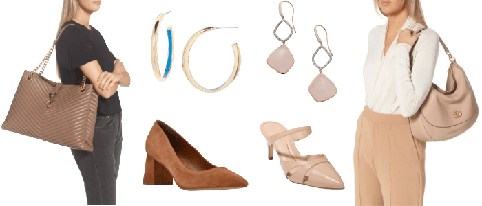 collage of woman with tote, hoop earring, drop pendant earrings, woman with shoulder bag, dark tan suede block heel, light beige leather heeled mule