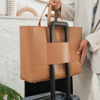 tan laptop tote with a trolley sleeve