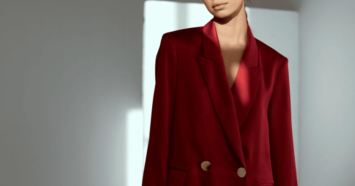 woman wears red velvet double-breasted blazer