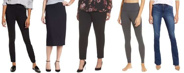 5 reader favorites for bottoms: black pants, black midi skirt, black pants, gray exercise leggings, and blue jeans with small bootcut, 