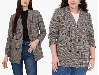 professional women wear a double-breasted blazer that will look weird if you don't unbutton it when sitting