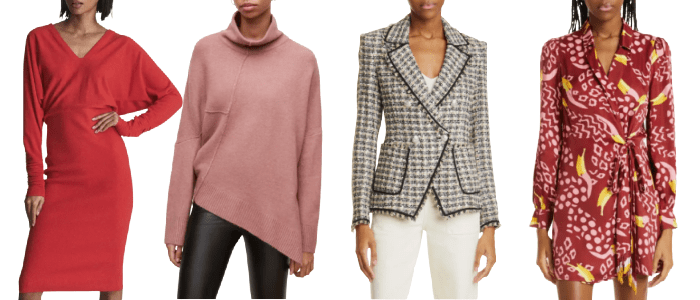 collage of models wearing smaller brands in the 2022 NAS, including 1) a red sweater dress, 2) a dusty pink turtleneck sweater with an asymmetrical hem, 3) a fitted tweed blazer, and 4) a wrap dress with a wild burgundy, yellow, and pink print