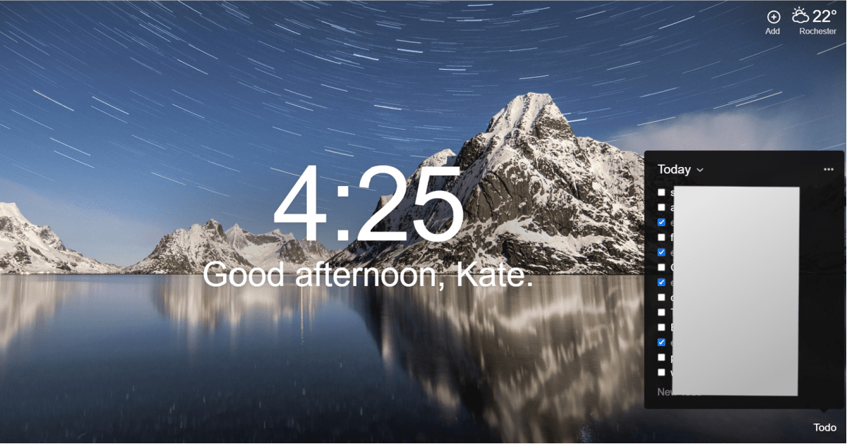 image of Kate's desktop using the Momentum Dash plugin for Chrome; it notes the time, greets her by name, lists her to-do lists for today, and gives the local temperature. 