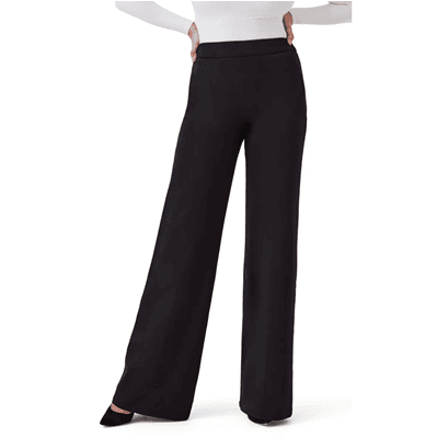 woman wears stylish wide leg pants for work