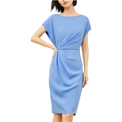 professional woman wears colorful work dress in cornflower blue with draping details