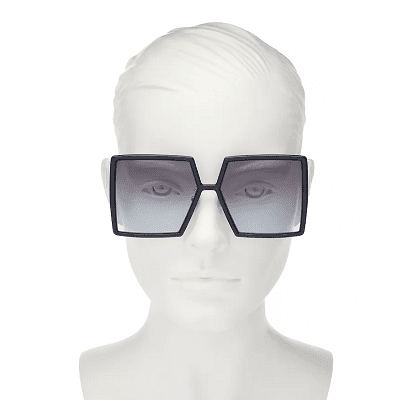white mannequin wears black square sunglasses with gradient lenses
