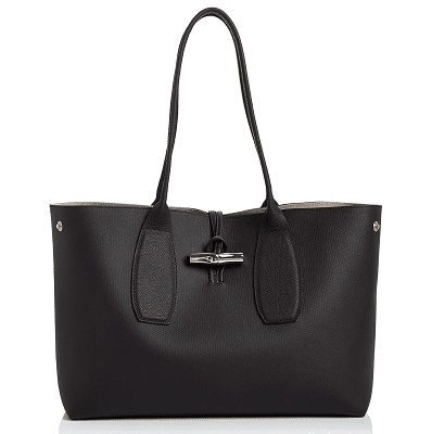 black leather top-handle tote bag with silver toggle clasp