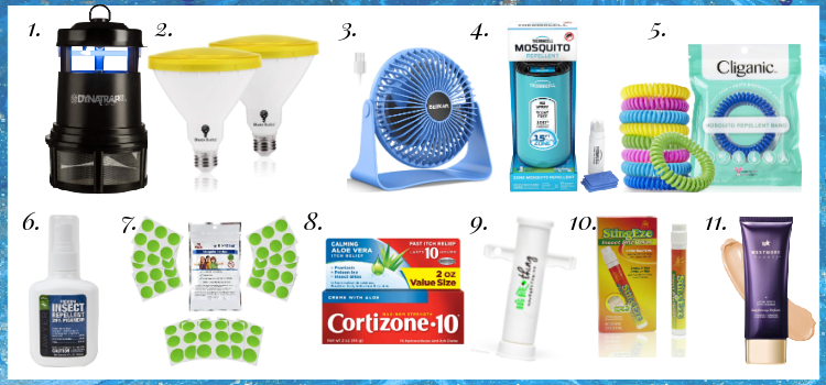 collage of 11 products to prevent insect bites; see caption for details