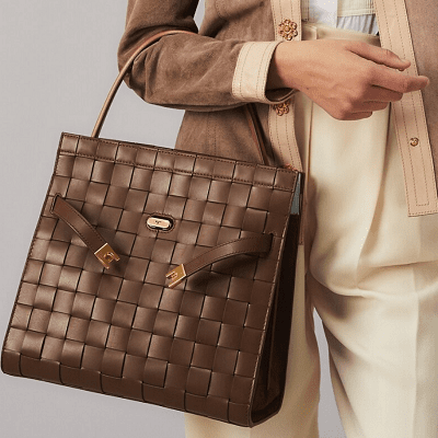 dark brown woven tote with loose straps