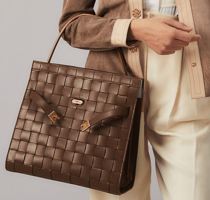 dark brown woven tote with loose straps
