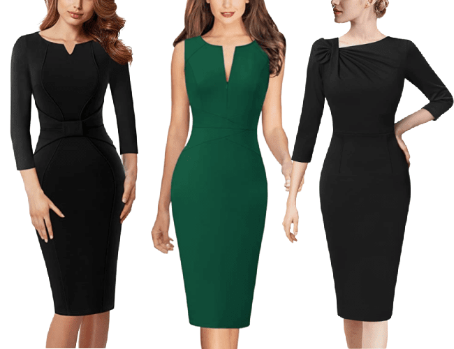 3 work dresses you can buy at Amazon: a black sheath with a notch neck, a green dress with a front zipper, and a black sheath dress with an asymmetrical bow detail