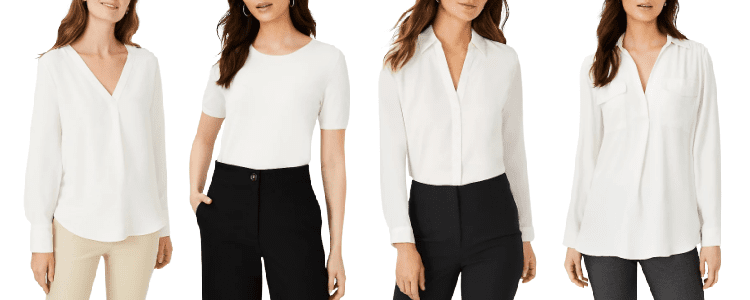 4 models wear white blouses; 1) collarless popover 2) sweater tee 3) white collared blouse tucked in and 4) blouse with large patch pockets