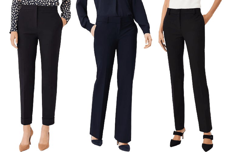 3 models wear pants with work outfits: 1) ankle length 2) trousers 3) straight leg