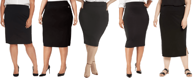 collage of 5 women wearing some of the best plus-size work skirts in 2022