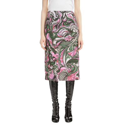 one of the best skirts for work in 2022: a green and pink paisley skirt just below the knee