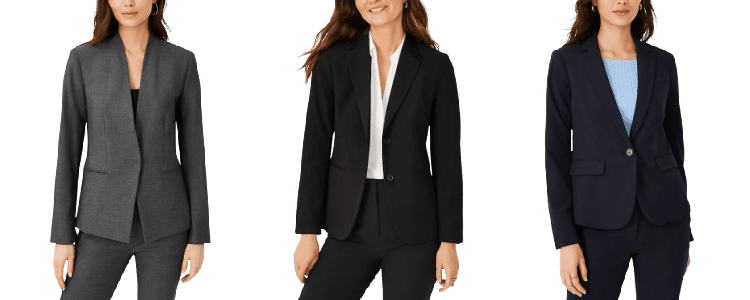women's blazers for the office: 1) collarless, 2) two button 3) one button