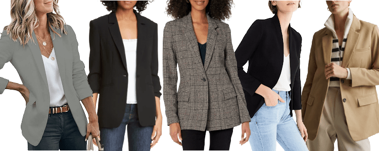 collage of 5 women wearing blazers as separates instead of as part of a suit