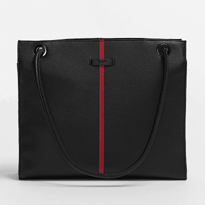 black leather tote bag with red stripe down the front