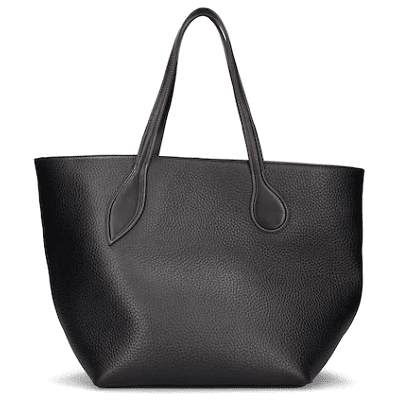 black leather tote with unusual asymmetric handle detail