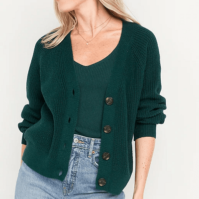 dark green cardigan with 4 buttons; a matching V-neck tank shell is beneath it