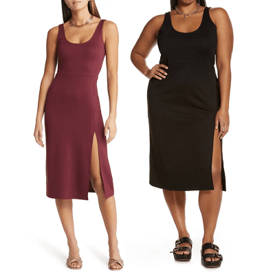 same dress on two different models; one model wears burgundy and wears a size S; one model wears black and is plus-sized