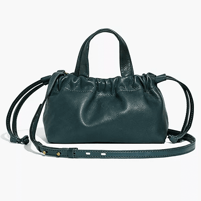 dark green crossbody bag with pouch-like top and short handles