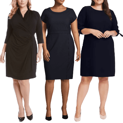 collage of women wearing the best plus-size work dresses