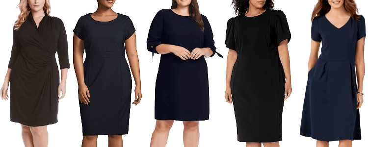 collage of 5 women wearing plus-size work dresses