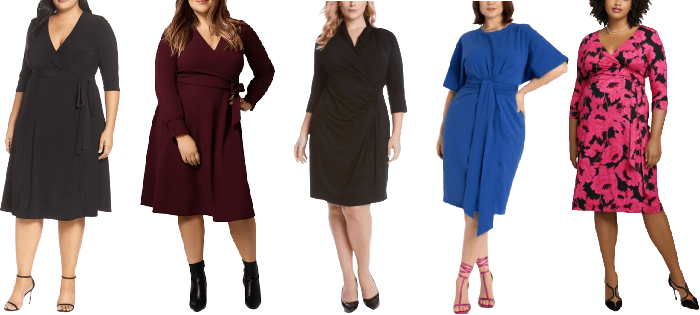 collage of plus-size wrap dresses for work