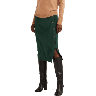 one of the most stylish skirts for work in 2022: a sweater skirt from Boden in green with buttons up the side