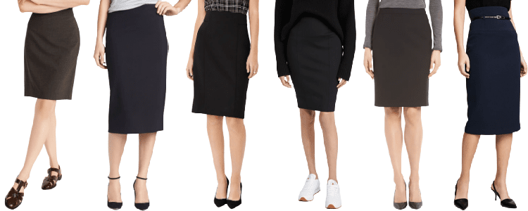 collage of 6 stylish skirts for work